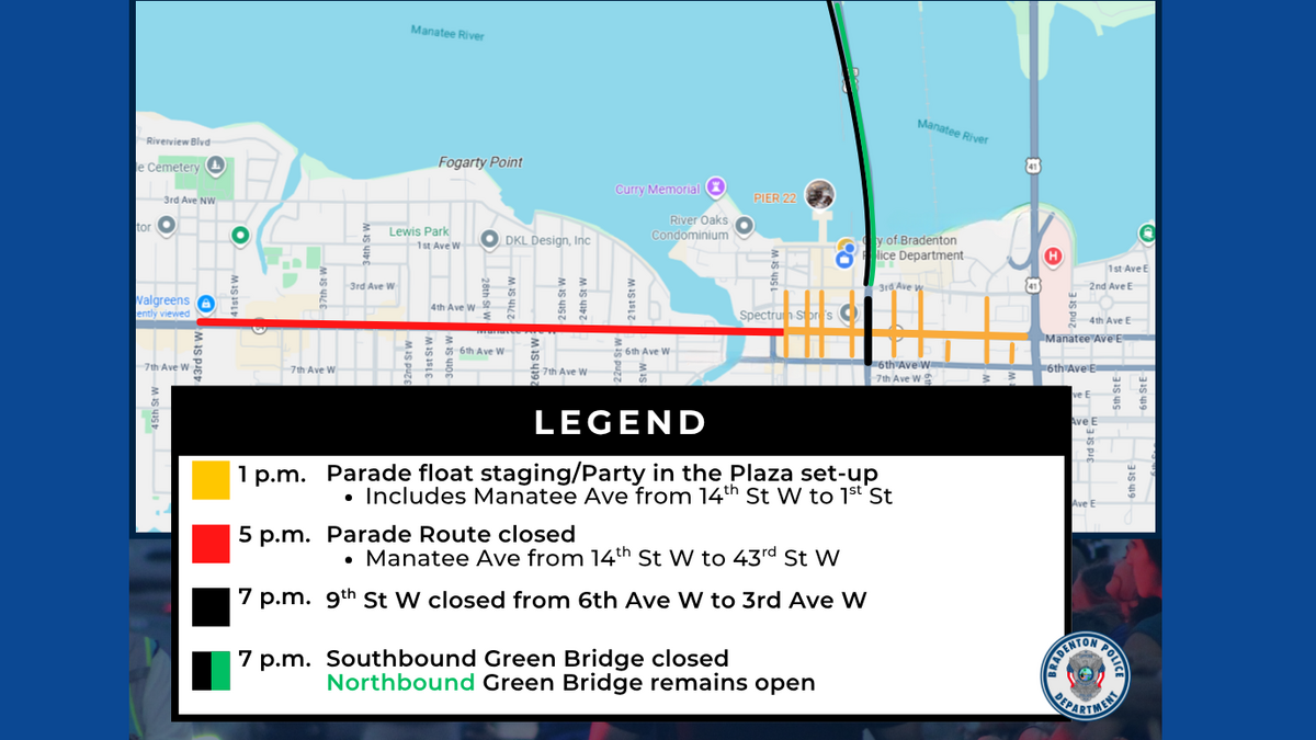 Road closures for the 2026 DeSoto Heritage Grand Parade through Bradenton.