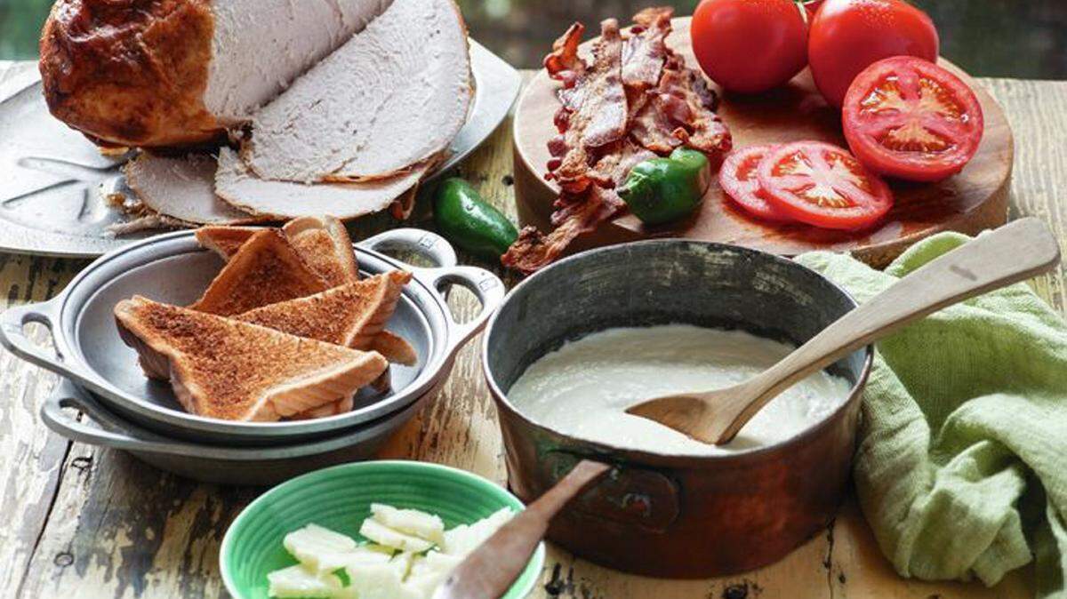These ingredients combine into a delicious Kentucky Hot Brown that's topped with manchego-jalapeno mornay sauce. The recipes appear in the book, "Southern Heat," by Anthony Lamas and Gwen Pratesi. Contributed by Roger Pratesi