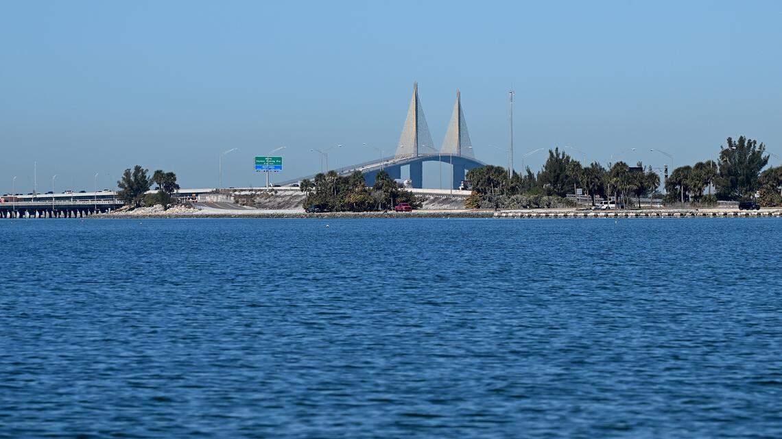 From Paradise Island towards the Sunshine Skyway Bridge on Feb. 9, 2026. After companies SSA Marine and Slip Knott LLC proposed building a cruise ship terminal on the Knott-Cowen tract adjacent to the Terra Ceia Aquatic Preserve, Florida lawmakers passed a bill to prevent it. Some critics say it didn’t go far enough. 