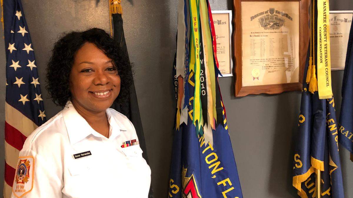 Karen Hernandez is the first woman to lead Veterans of Foreign Wars Post 9226 in Ellenton. She served in the U.S. Navy during the first Gulf War.