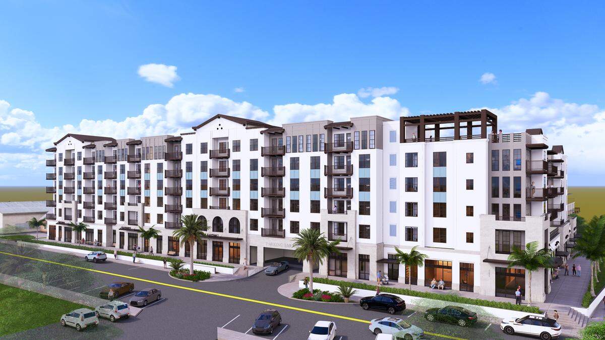 A provided rendering shows the design of the $60 million Marina & Main apartment complex that is expected to be completed in 2028 along Riverside Drive in Palmetto.