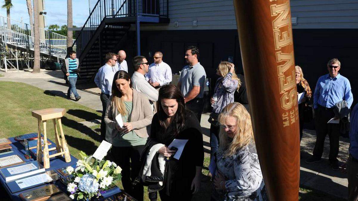 Plaques and trophies were on display as family and friends of former State College of Florida baseball coach Tim Hill gathered Jan. 6, 2016, at Robert C. Wynn Baseball Field during Hill's funeral. Hill died Christmas Day of 2015. GRANT JEFFERIES/Bradenton Herald