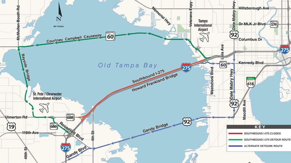 This is the map of detours during the closure of southbound lanes of the Howard Frankland Bridge