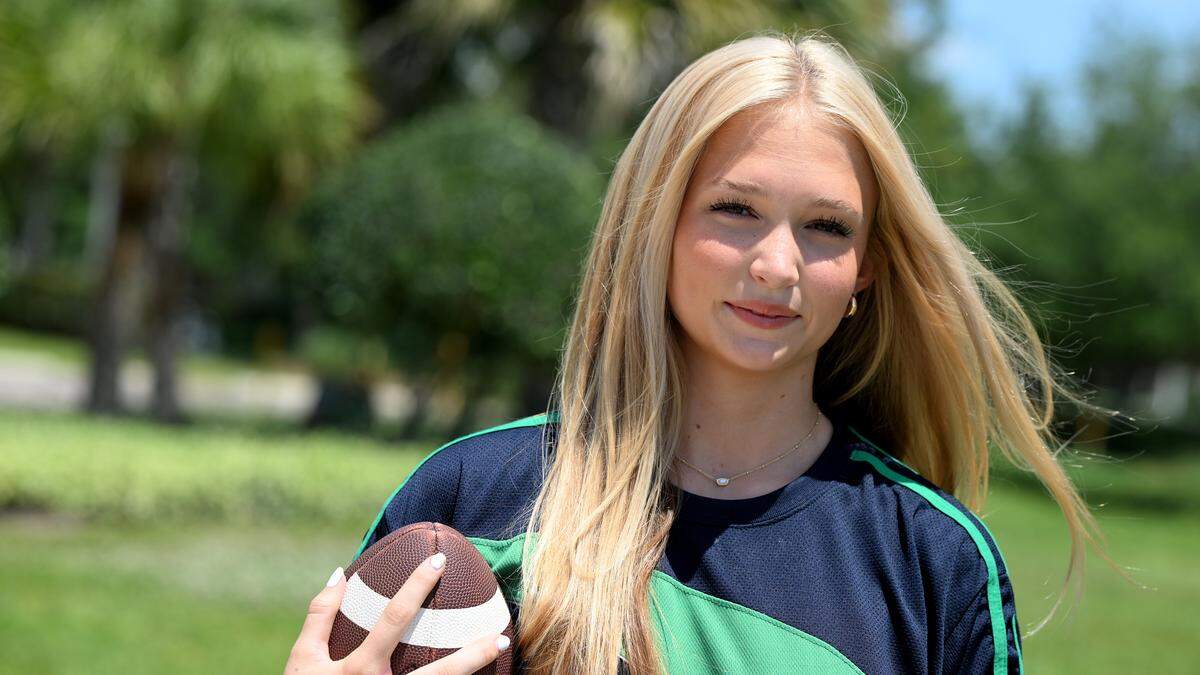 Maddie Baehr, an 18-year-old Braden River High School graduate, will play on an international flag football team for Ireland. Baehr poses for a photo on April 29, 2026.