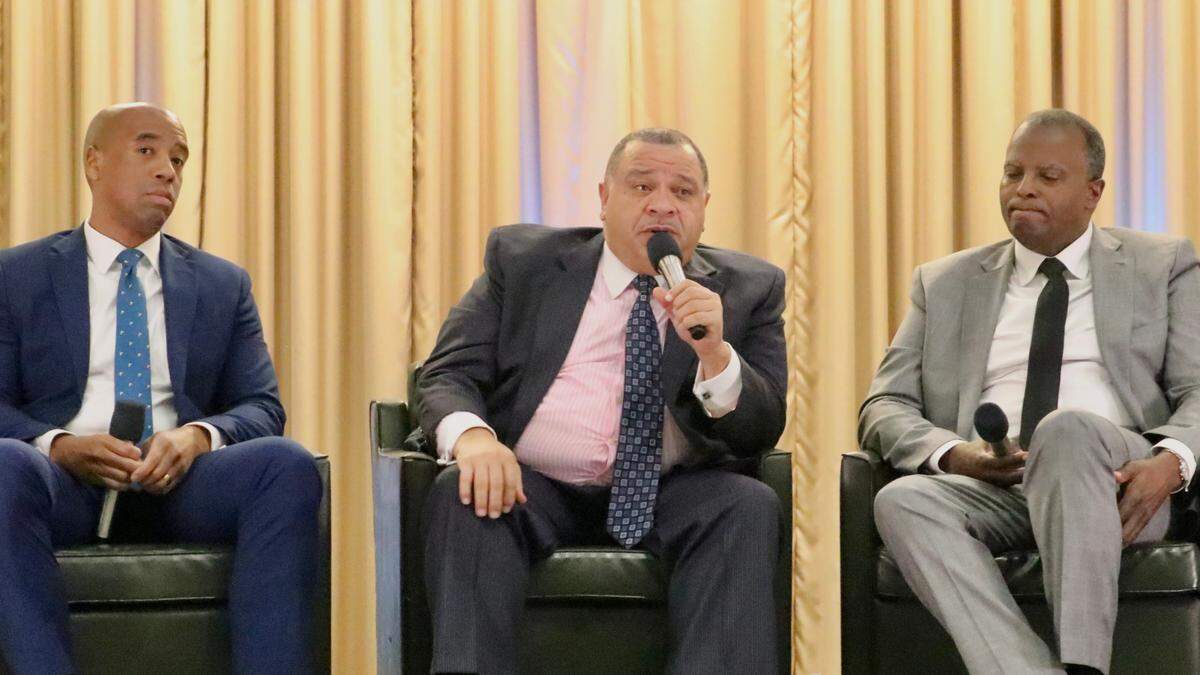 Taking part in the Elevating CommUnity discussions were, from left Jamal Sowell, president of Business Solutions and former CEO of Enterprise Florida, Charles DeBow III, CEO of the National Black Chamber of Commerce, and John Harmon, CEO of the New Jersey Black Chamber of Commerce on Thursday, Oct. 19, 2023.