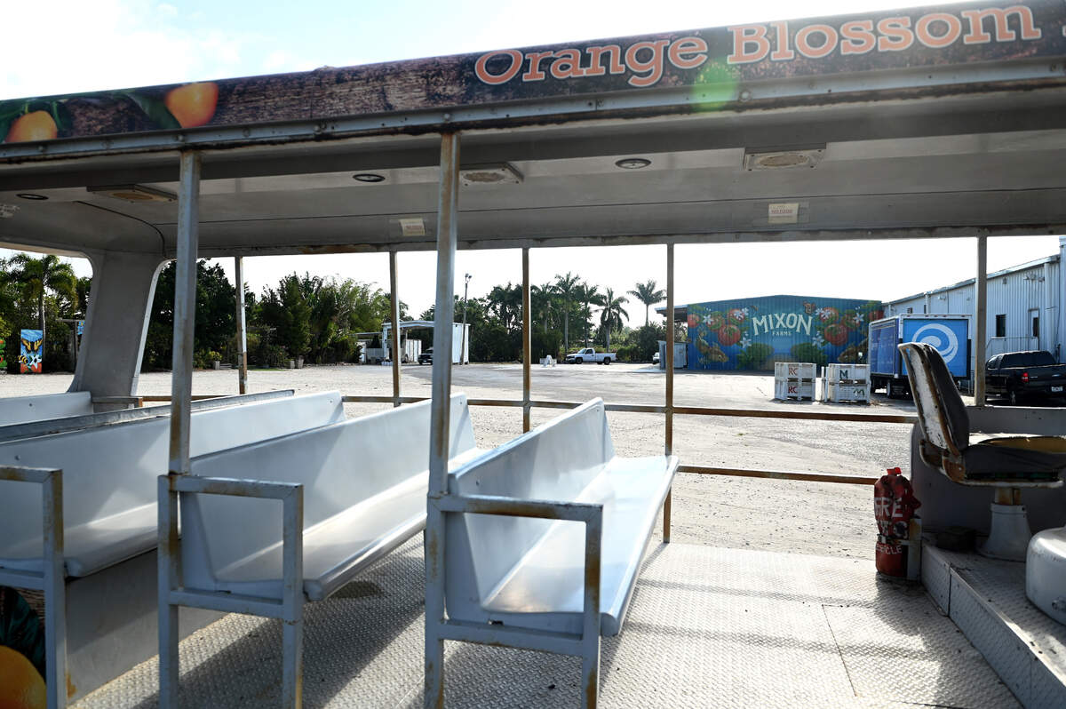A tram used for tours sits in the parking lot of Mixon Fruit Farms. The Bradenton business plans to close forever at the end of April.