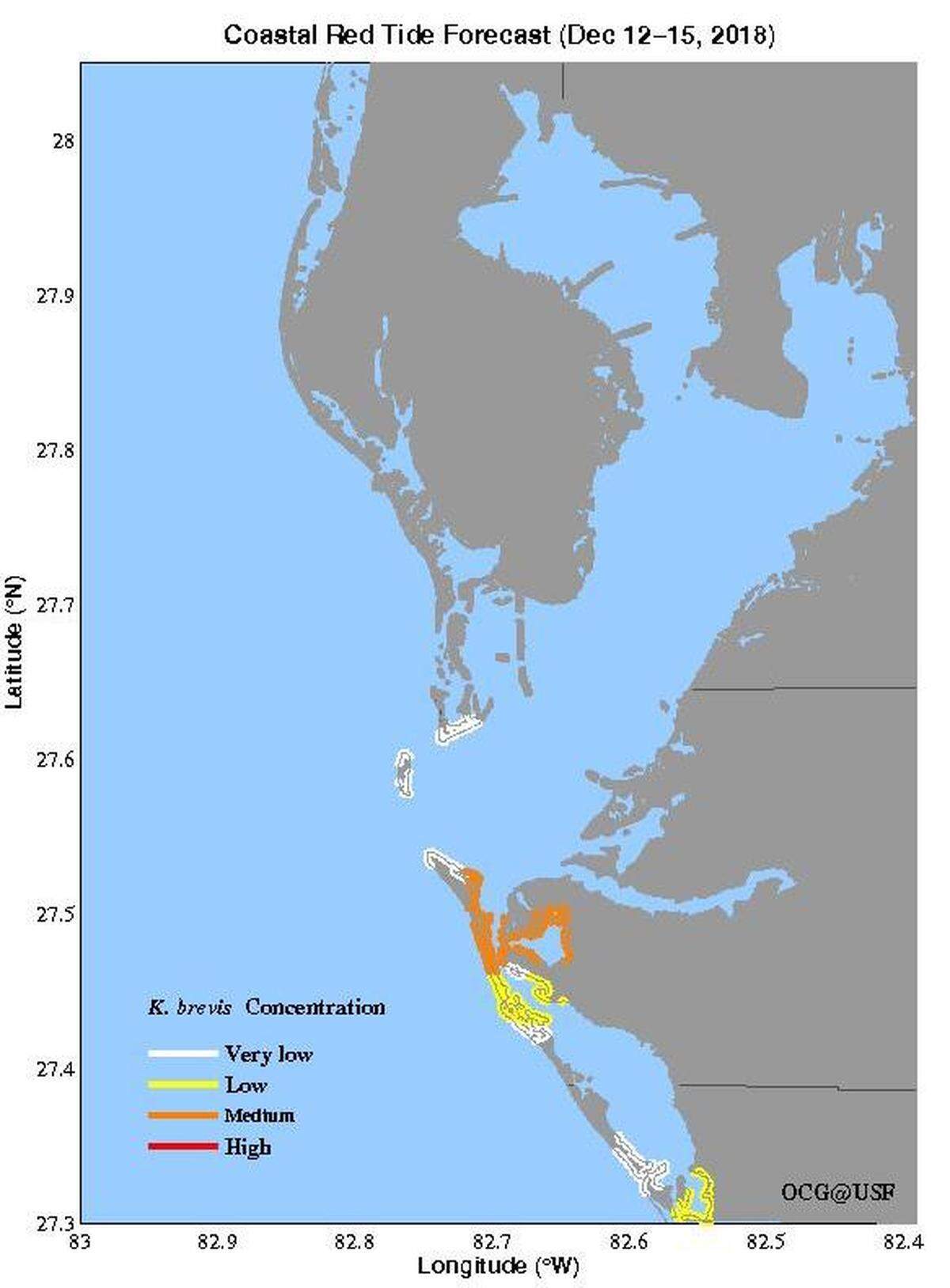 A map produced by the College of Marine Science at University of South Florida and the Florida Wildlife Research Institute depicts red tide forecasts through December 15, 2018.