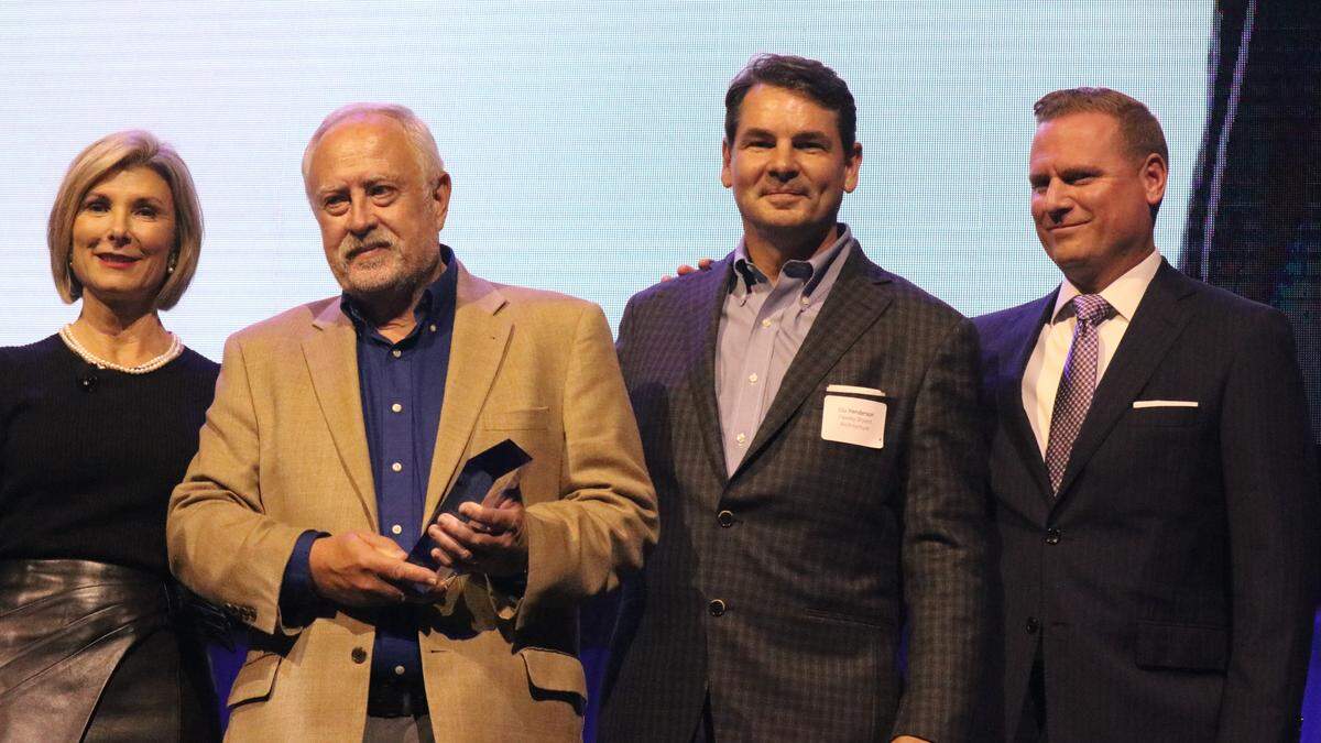Rex Jensen, president & CEO of Schroeder-Manatee Ranch., received the 2019 Rick Fawley Economic Development Award of Distinction Award. Shown above are, from left, Sharon Hillstrom, Jensen, Stu Henderson and Brian Volner.