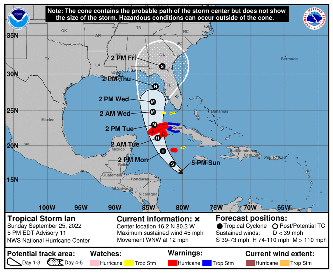In a 5 p.m. forecast advisory on Sunday, NHC experts said Tropical Storm Ian could strengthen into a hurricane later this evening. The storm’s path remains unclear, but the cone of uncertainty still includes Manatee, Sarasota and the Tampa Bay Area.