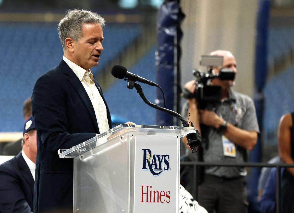 Tampa Bay Rays principal owner Stu Sternberg talks with media as the Tampa Bay Rays announced Tueday that a historic agreement has been reached with the city of St. Petersburg and Pinellas County to move forward with a new state-of-the-art ballpark at Tropicana Field.