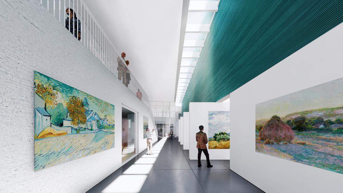 Architect’s rendering of the view of the interior of the instructors gallery and pivot wall to the galleries of the proposed Herrig Center for the Arts.