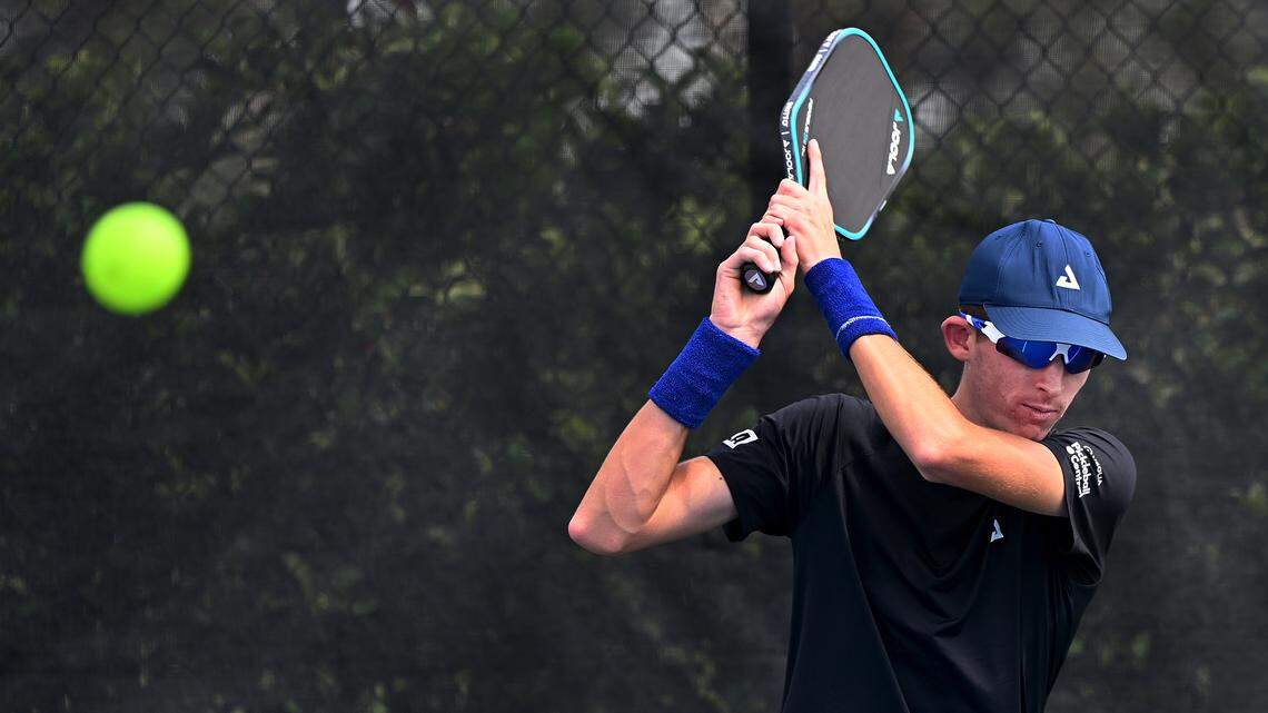 John Lucian Goins, 17, recently won his first PPA (Professional Pickleball Association) Tour title. Here he plays at the Laurel Oaks Country Club on August 15, 2025. The Bradenton resident won the men's singles championship at the Veolia Bristol Open in Tennessee. 