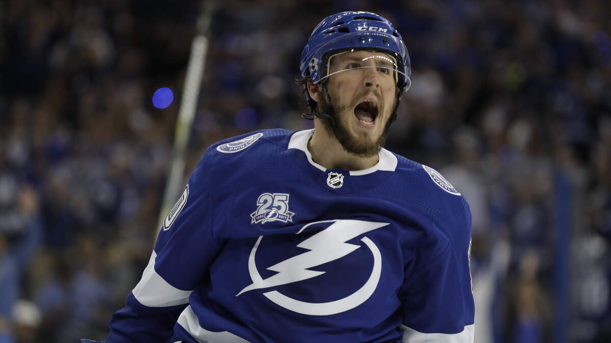 Tampa Bay Lightning center J.T. Miller (10) celebrates his goal against the Boston Bruins during the second period of Game 5 of an NHL second-round hockey playoff series Sunday.