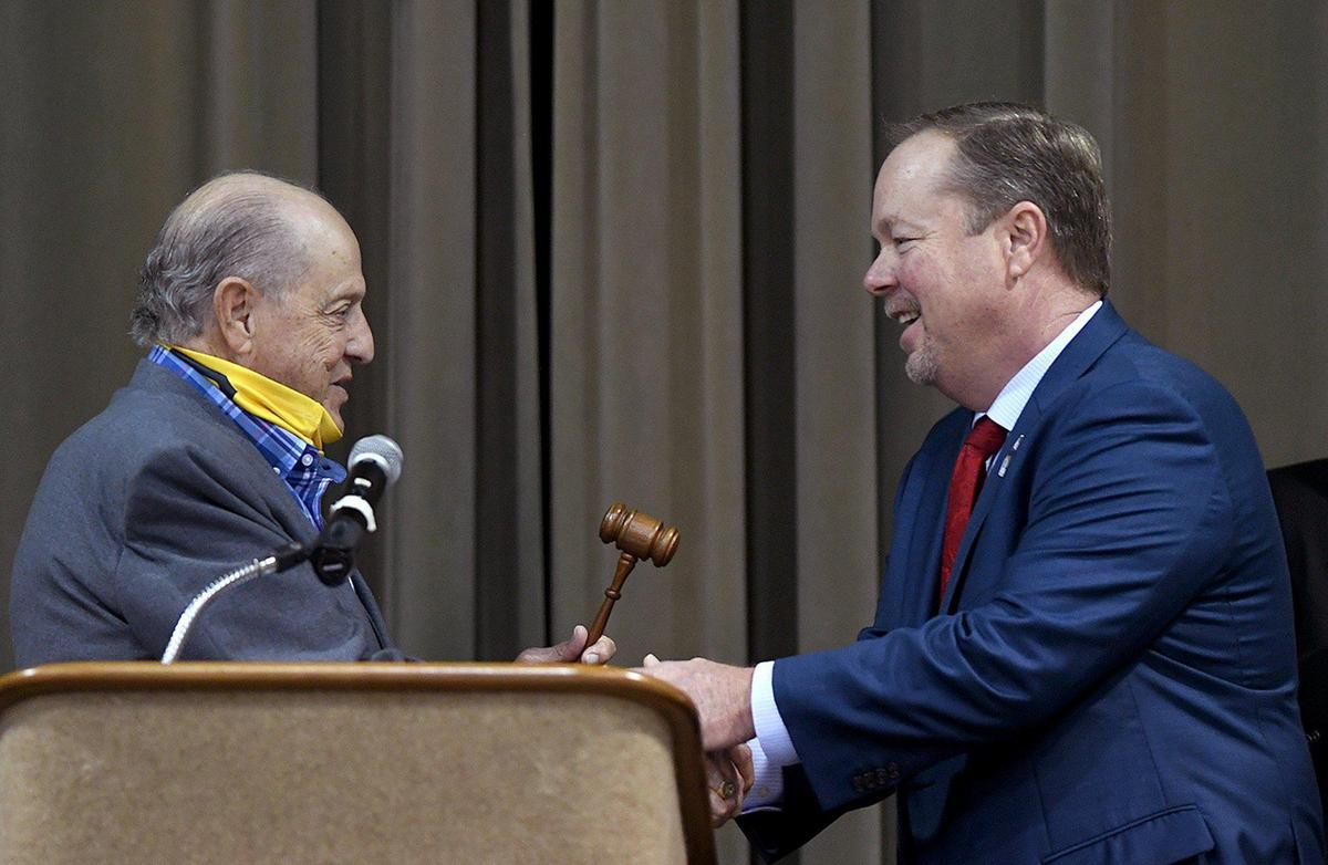01/05/20--Retiring Gene Gallo hands over the gavel to new Mayor Gene Brown at the Bradenton Auditorium January 5, 2021.