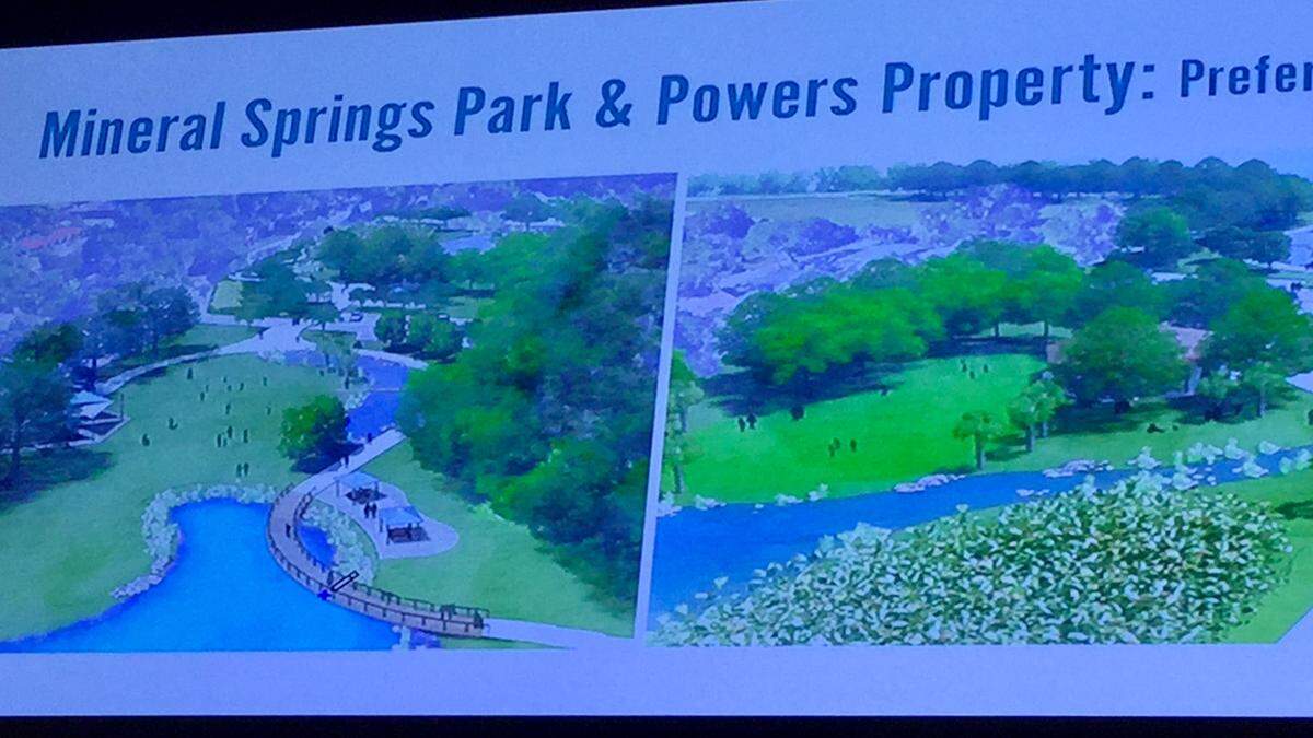 The renderings show one version of what the expanded Mineral Springs Park will look like as it connects to the Riverwalk expansion. City officials approved that construction drawings for the improvements begin immediately, setting forth a possible construction timetable to begin maybe by early summer.