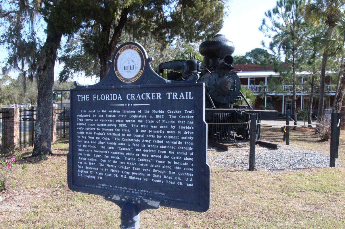2/13/2017--Historic marker at Manatee Historical Village Park marks the start of the Florida Cracker Trail.