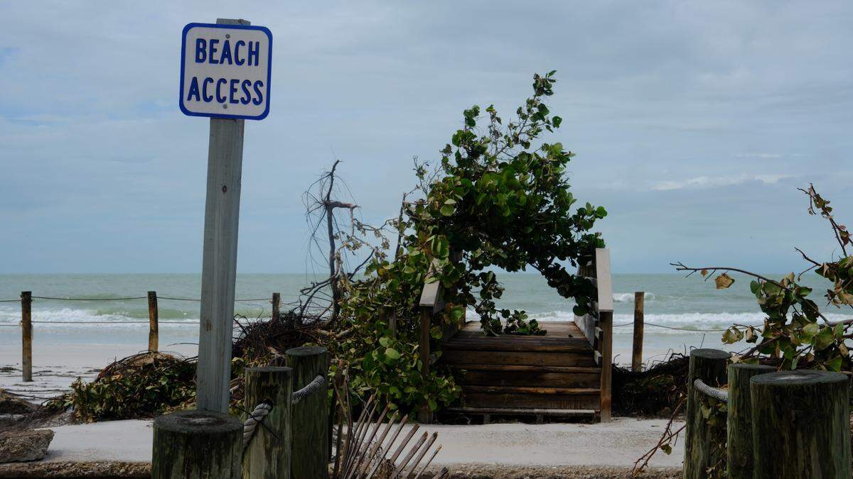 A beach access entry at Cortez Beach sustained damage after Hurricane Helene battered Anna Maria Island as a Category 4 storm in the Gulf of Mexico.