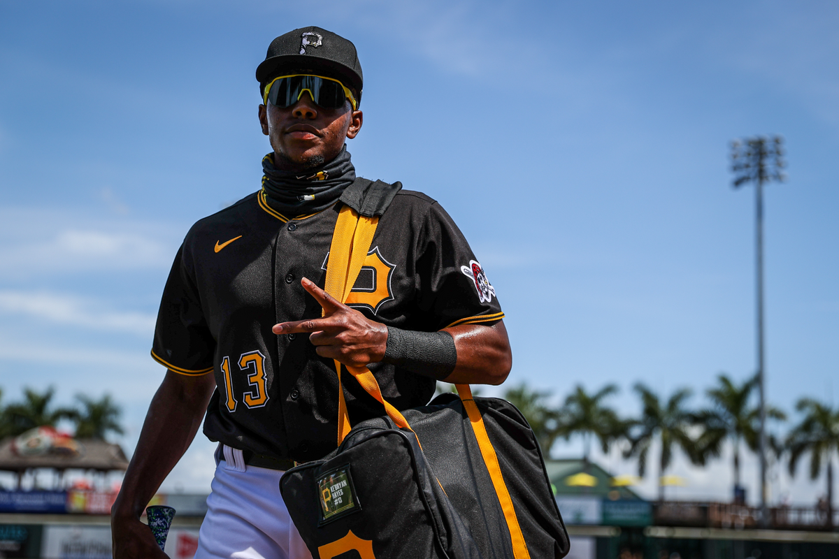 Third baseman Ke’Bryan Kobe Hayes throws up a peace sign as he prepares to take the field at LECOM Ballpark in Bradenton,fl.