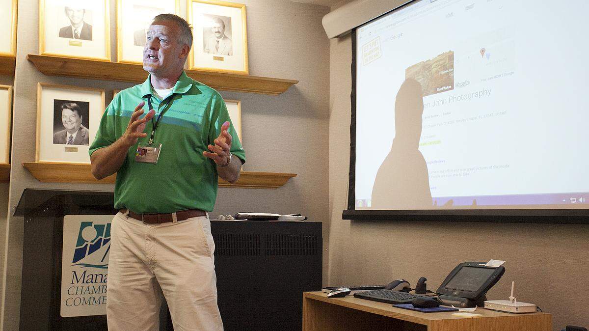 Steve Miller, an employee of Google Maps, talks to members of the Manatee Chamber of Commerce about Google's effort to get more businesses to take an active role in their Google profiles. Google will eliminate any business profiles that have not be actively managed on Jan. 1. MATT M. JOHNSON/Bradenton Herald