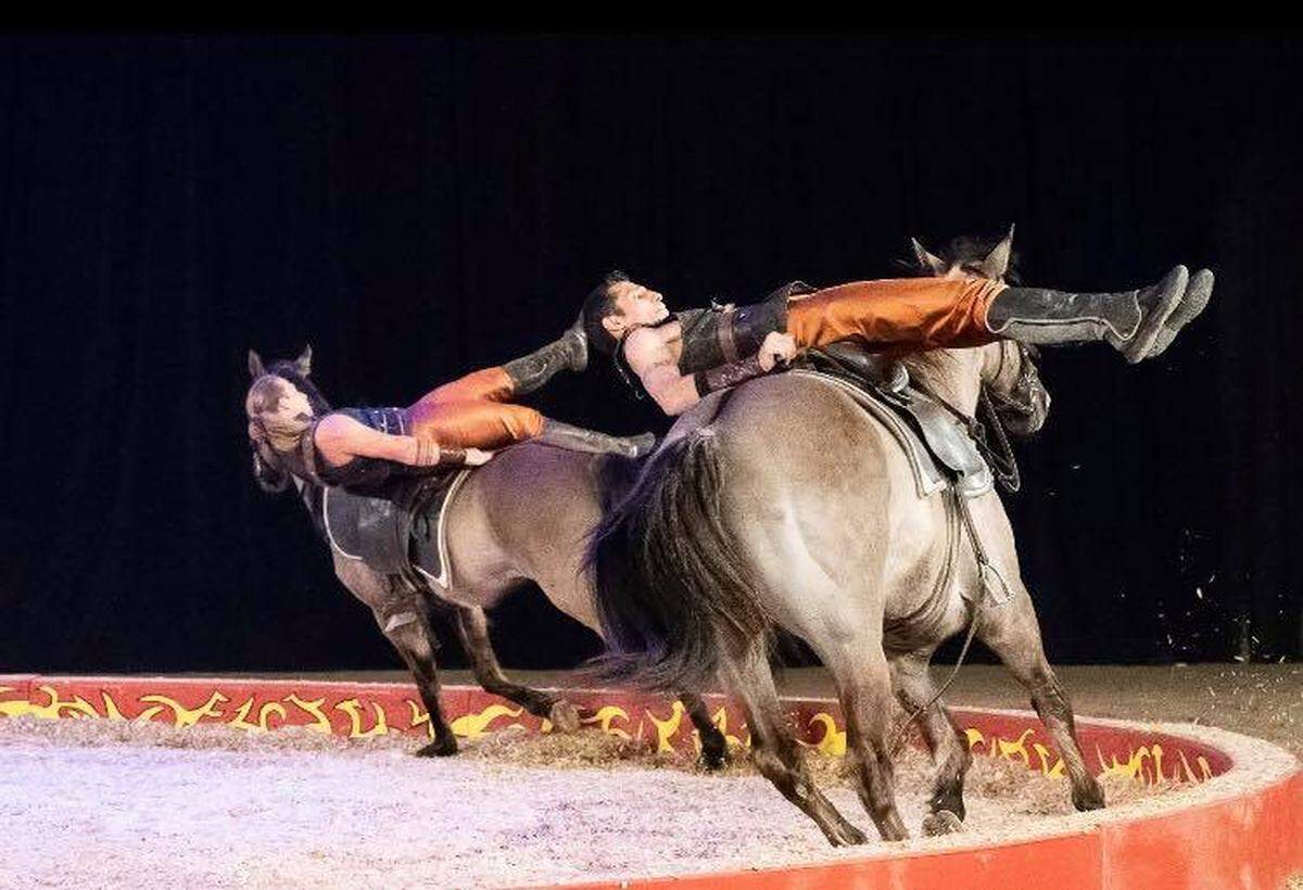 Riders and horses work in unison to carry out amazing feats during Cirque Ma’Ceo by Cavallo Equestrian Arts.