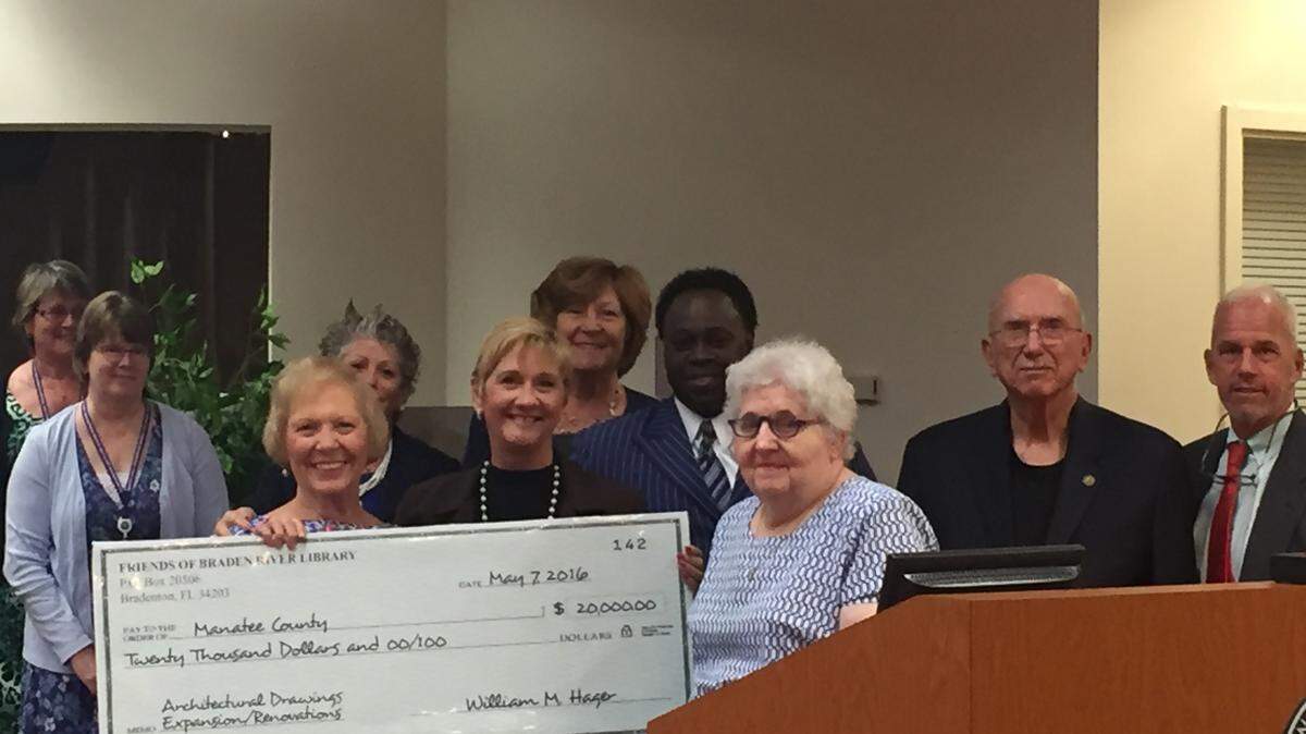 Manatee County Commission accepts a $20,000 donation from Friends of Braden River Library for possible expansion of the Braden River Library. 
 CLAIRE ARONSON/Bradenton Herald