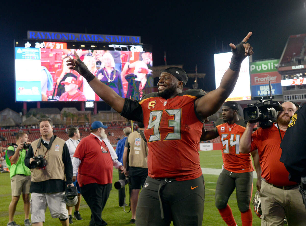 Tampa Bay Buccaneers defensive tackle Gerald McCoy (93) celebrates after the Buccaneers defeated the New Orleans Saints during an NFL football game Sunday, Dec. 31, 2017, in Tampa, Fla.