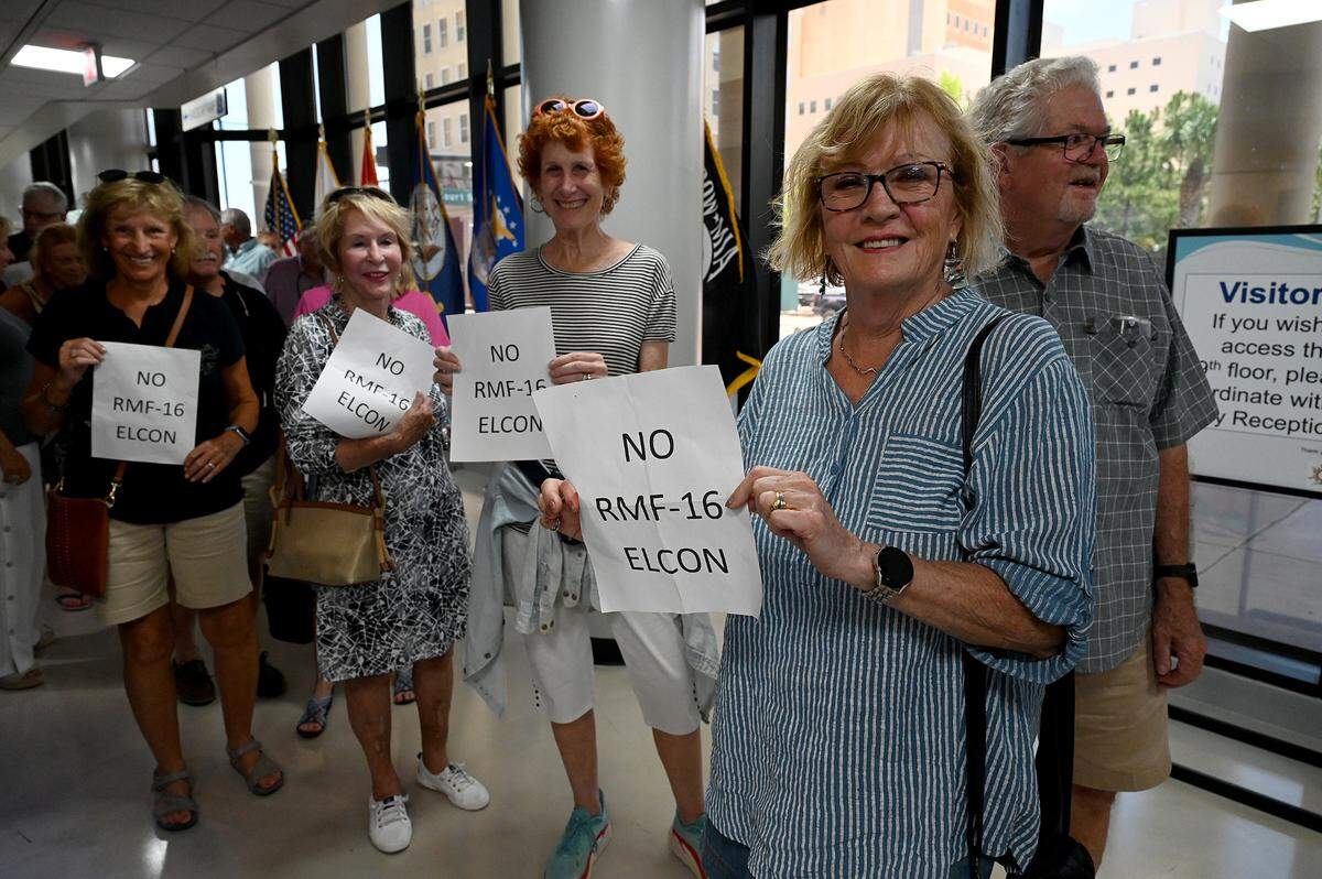 Manatee County officials declined the Bradenton Tennis Center’s second request to rezone its 6.7-acre property on El Conquistador Parkway along Sarasota Bay. In this Bradenton Herald file photo, nearby residents protested the proposed rezone at a June 2023 public meeting.