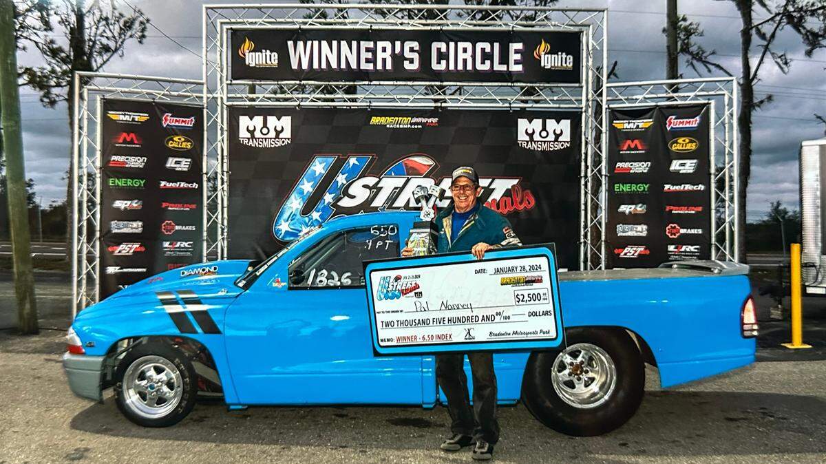 Bradenton’s Pat Nanney, 68, won the U.S. Street Nationals 6.50 Index class at Bradenton Motorsports Park on Sunday, Jan. 28, 2024.