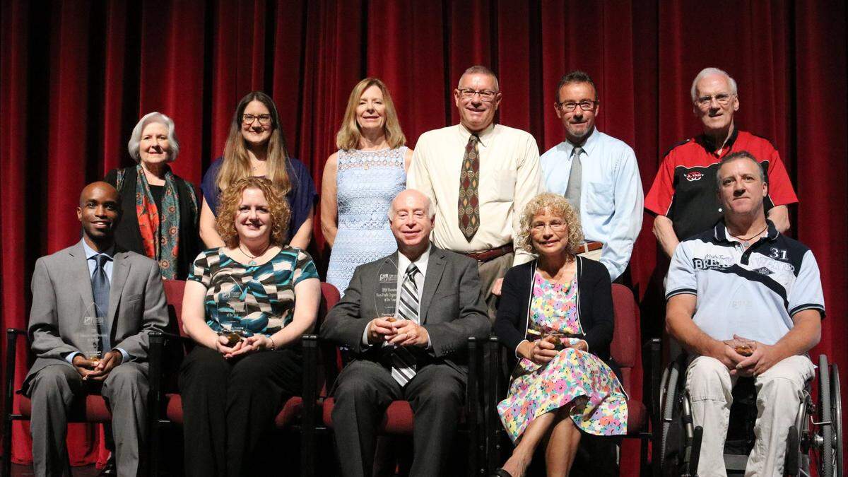 Because of the COVID-19 pandemic, the last time the Manatee Small Business of the Year Awards were presented was in 2019. Recipients that year included (left, front), Jonathan Marsh of Home Helpers of Bradenton, Tracy Vanderneck of Phil-Com, LCC, Training & Consulting for Nonprofits, Mark DeHaan of Turning Points, Tami Goudy of Veritas! Pest Management, Tim Boyle of U.S. Tent Rental Inc. & Linens by the Sea, (second row, left) Cheryl Hedger, Margi Dawson and Adell Erozer, all of Turning Points, Donald and Bill Goudy of Veritas!, and Brian Boyle of U.S. Tent Rental.