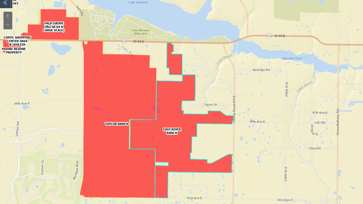 Screen grab from Manatee County government web page shows how Taylor Ranch and East River Ranch developments fit together in east Manatee County.