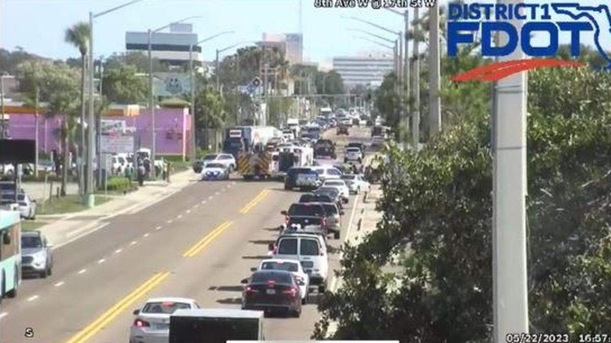 This screenshot of a Facebook post shows the FDOT camera view of 8th Avenue West after a child was hit on Monday, May 22, 2023.