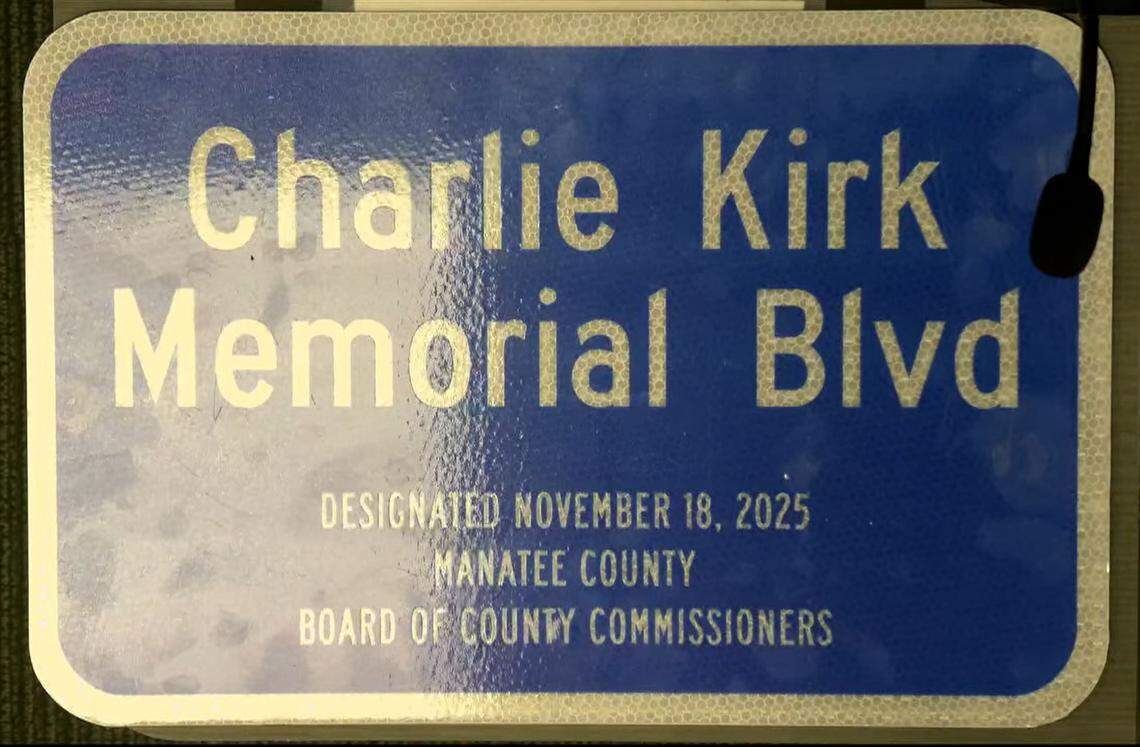 At a Manatee County Commission meeting Tuesday, county staff displayed a temporary sign that will be placed near the site of a planned memorial highway for Charlie Kirk on 51st Street West in the Bradenton area.