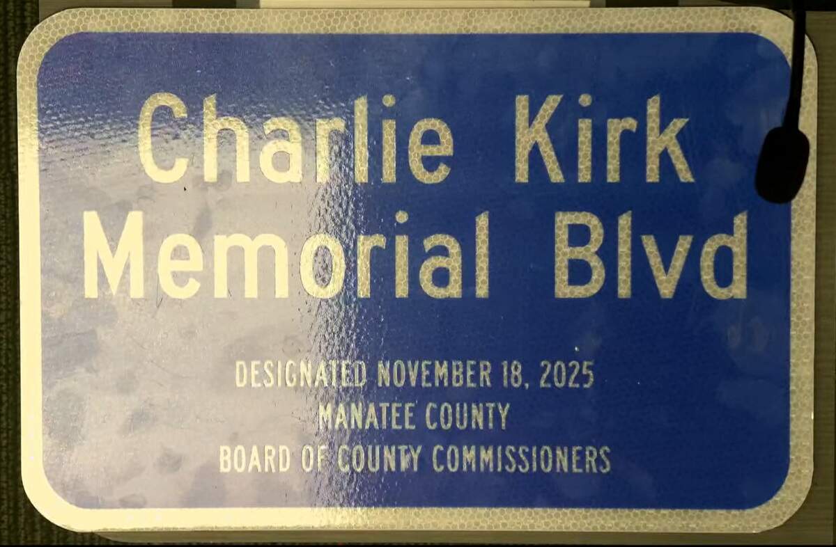 At a Manatee County Commission meeting Tuesday, county staff displayed a temporary sign that will be placed near the site of a planned memorial highway for Charlie Kirk on 51st Street West in the Bradenton area.
