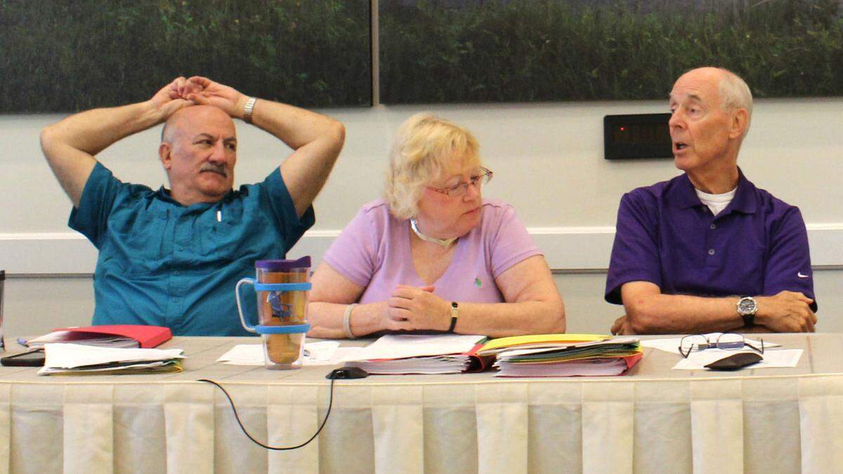 Alan Roth, Nancy Johnson, and Tom Green, from left, discuss the selection of finalists for the Lakewood Ranch executive director's job on Wednesday. 
 JAMES A. JONES JR./Bradenton Herald