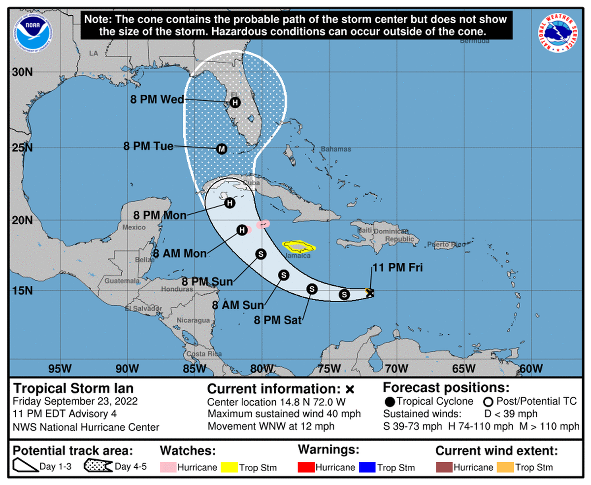 Forecast cone for Tropical Storm Ian as of 11 p.m. Friday