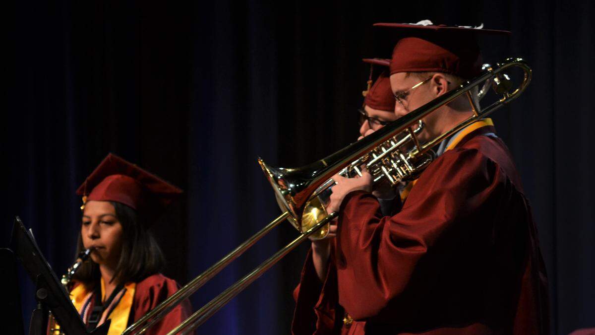 Graduating seniors performed with the Goldtones, Manatee School for the Arts’ jazz band, at the 2019 graduation ceremony.