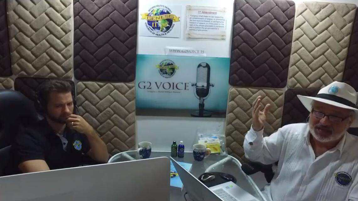 Mark Grenon, right, and Joseph Grenon, left, during a video update from Genesis II Church of Health and Healing in Bradenton, a quasi-religious organization that promotes and sells industrial bleach as a cure for COVID-19 and other medical conditions.