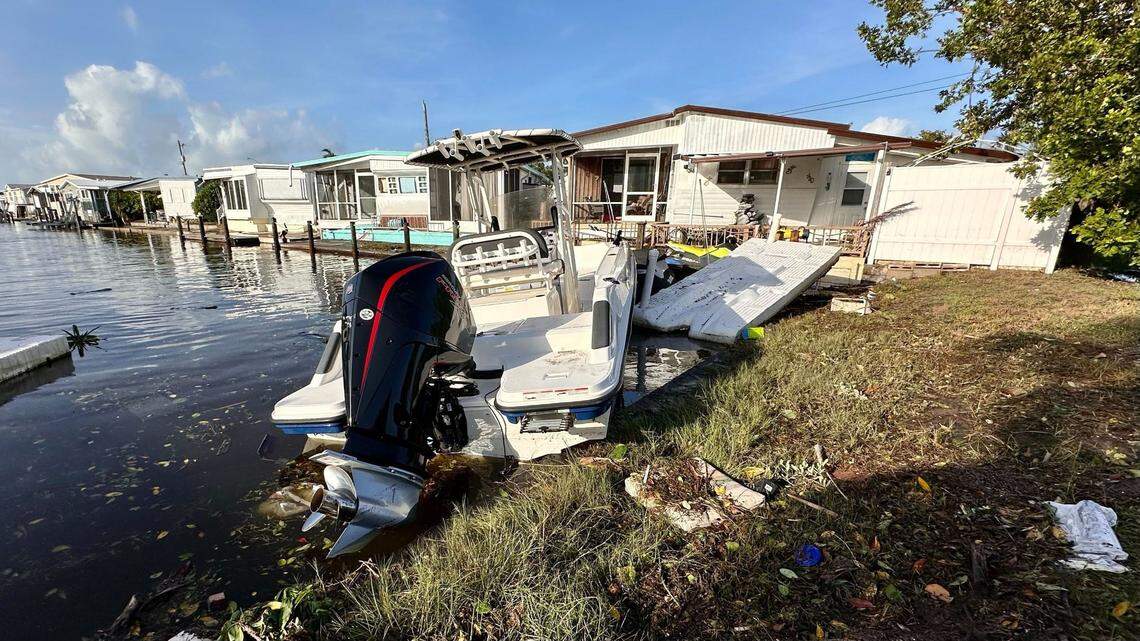 A boat became unmoored at the Trailer Estates Mobile Home Park in Bradenton after Hurricane Helene whipped through Manatee County Thursday, Sept. 26, 2024.