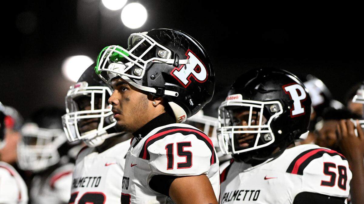 Palmetto’s Art Armorin watches a play against Riverview during the FHSAA playoff game in Sarasota Friday, Nov. 10.