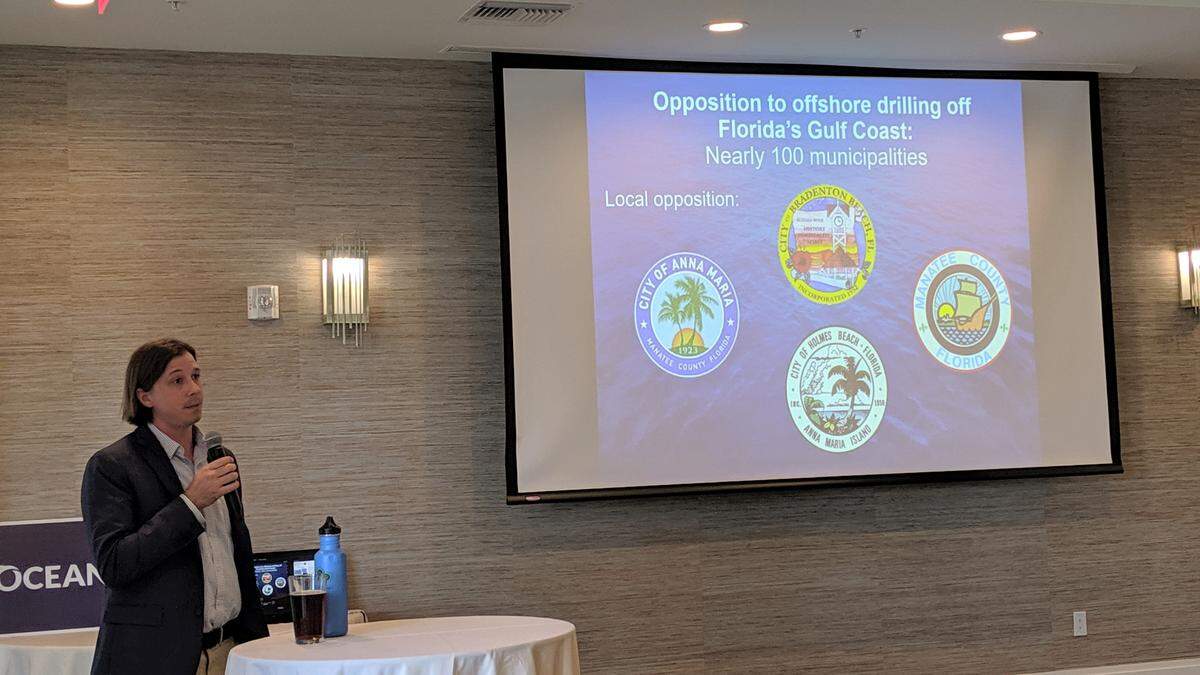 Hunter Miller, a campaign organizer with marine conservation group Oceana, works with local governments on passing resolutions against offshore oil drilling and exploration in Florida. 