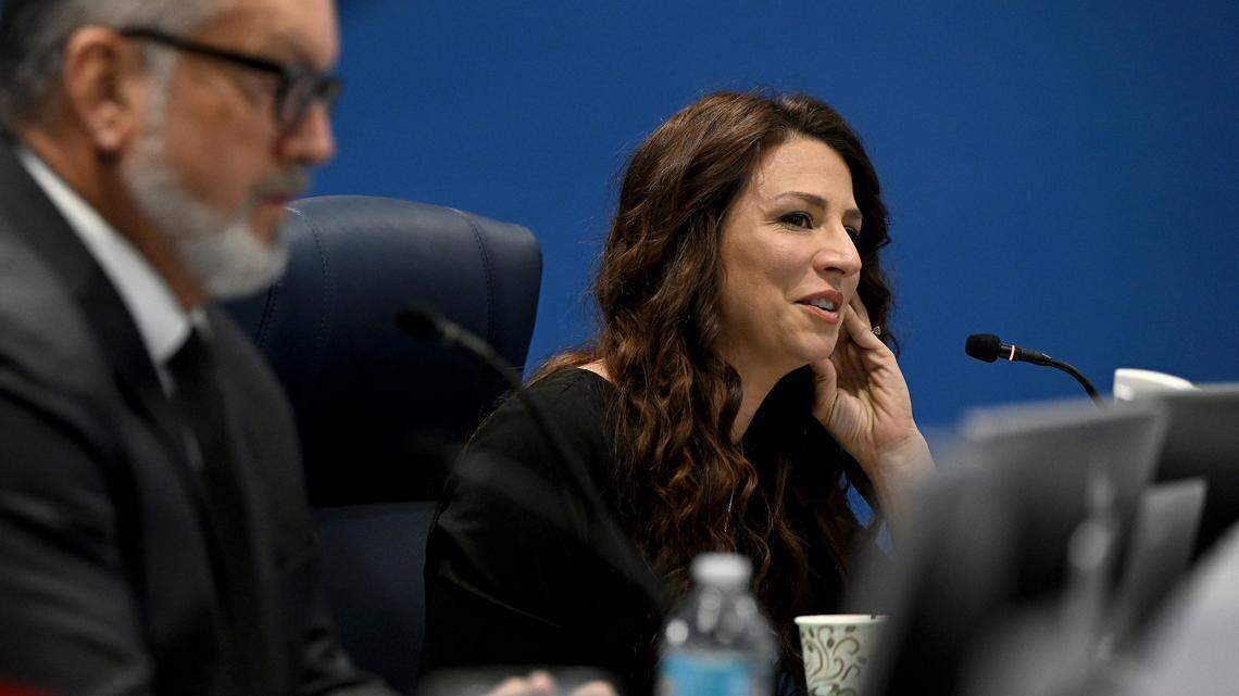 Commissioner Amanda Ballard shares memories of Commissioner Carol Ann Felts at a meeting of the Manatee County Commission during a tribute to Felts on March 3, 2026.