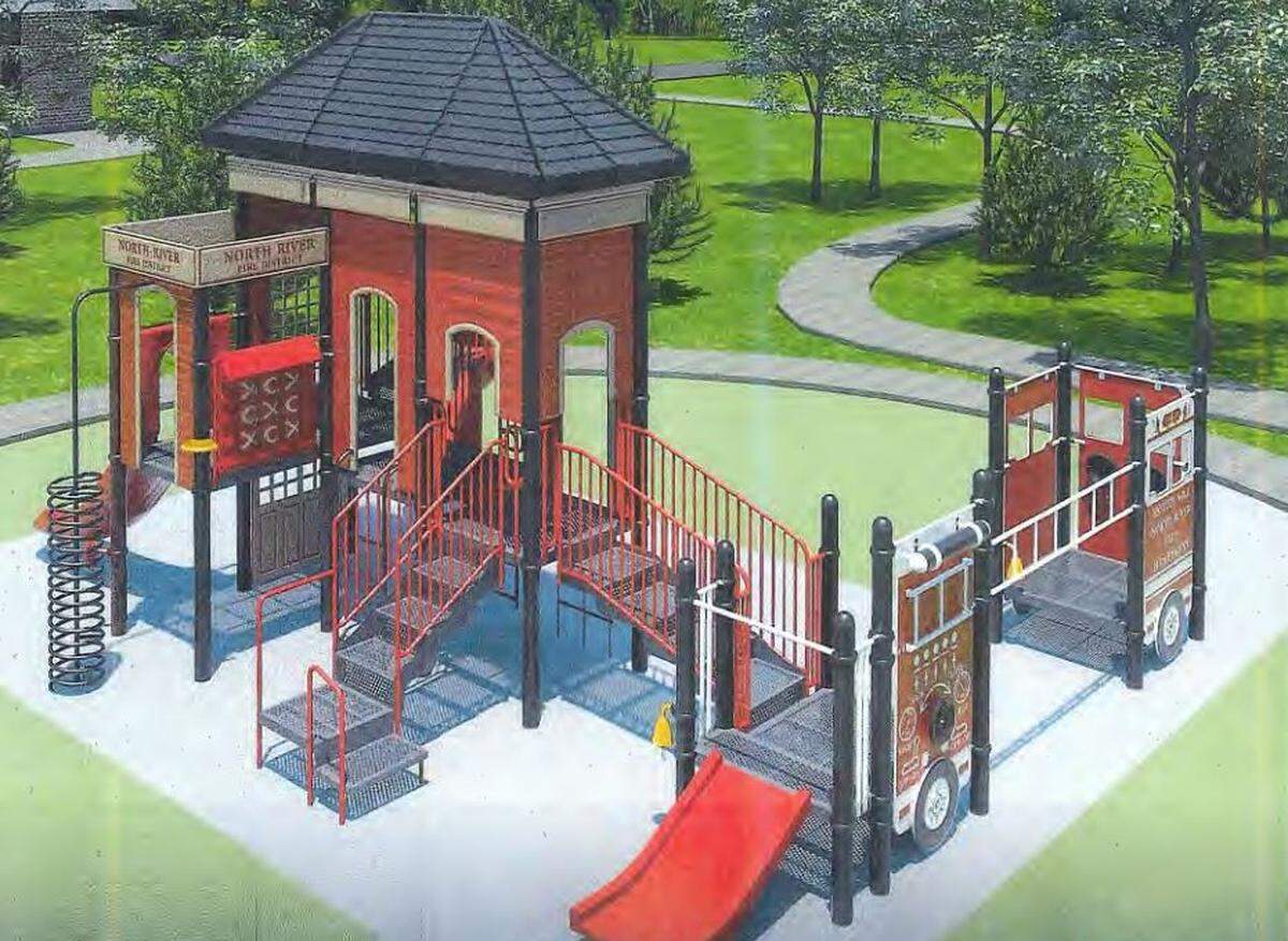 A conceptual design for the new playground equipment destined for Hydrant Park will return the playground to its firefighter theme. The North River Fire Department helped provide input to the design process.