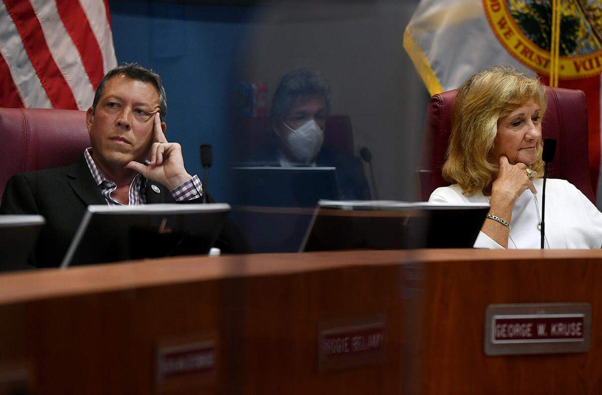 07/29/21—Commissioner George Kruse and Commissioner Vanessa Baugh listen to discussion during the Board of County Commissioners meeting on July 29.