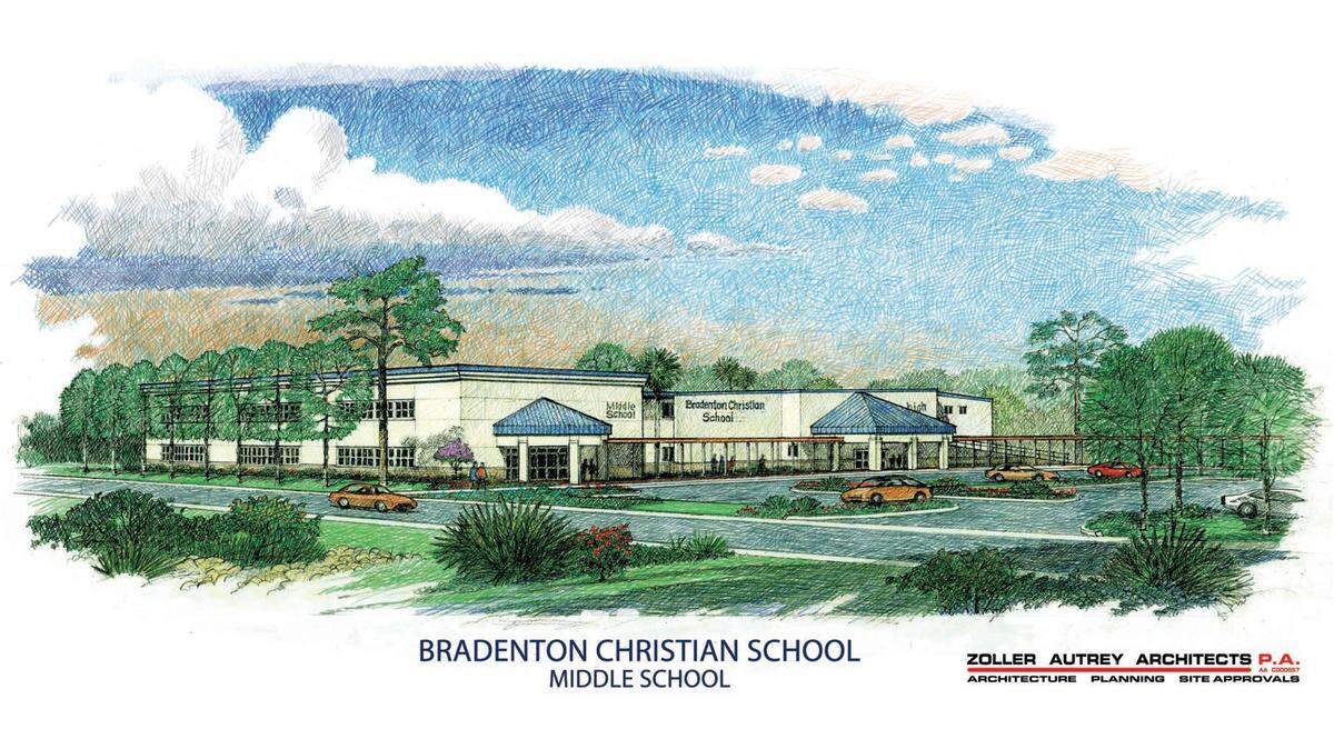 A rendering shows what the new Bradenton Christian Middle school would look like. The project also includes a covered walkway between the two buildings. PROVIDED PHOTO