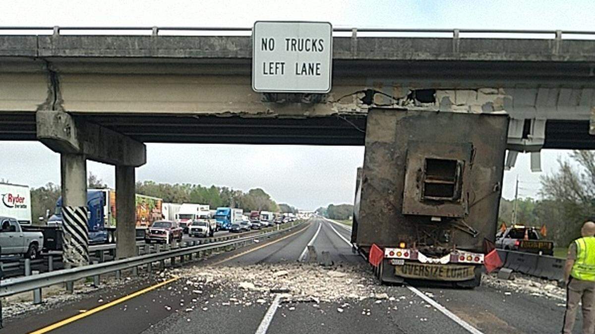 A tractor trailer carrying an oversized load ran into an overpass in Marion County near Ocala on Wednesday, Feb. 22, 2023.