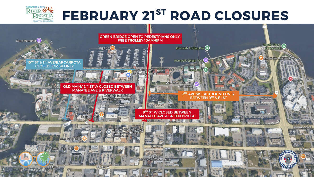 Several Bradenton roads will close Saturday for the Bradenton Area River Regatta; Green Bridge pedestrian access, free trolley, and parking notes included.