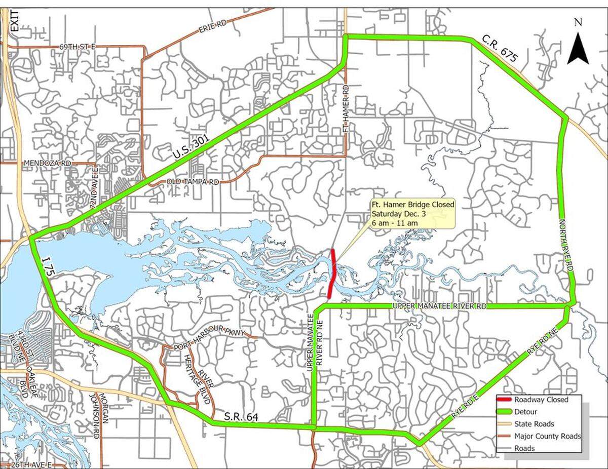 Here’s a map that shows possible routes drivers can use to cross the Manatee River while the Fort Hamer Bridge is closed for a fundraising running event on Saturday morning, 12/2/2022.