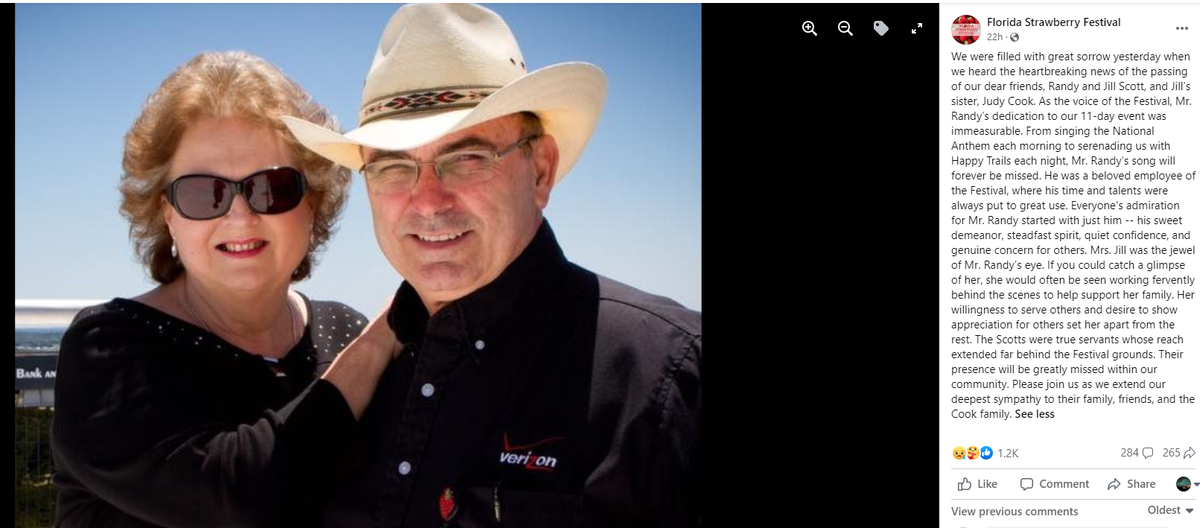 The Florida Strawberry Festival in Plant City paid tribute to Randy Scott, known as the voice of the festival, his wife Jill and her sister Judy Cook after the three were killed in a fatal car crash with a dump truck in Parrish on Monday, May 15, 2023.