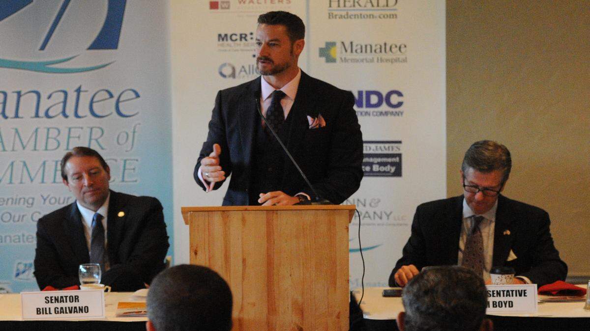 Rep. Greg Steube, R-Sarasota, addresses key legislative issues at the 2016 Legislative Roundtable preview last month at the IMG Academy Golf Club in Bradenton. Joining him are Sen. Bill Galvano, R-Bradenton, left, and Rep. Jim Boyd, R-Bradenton, right. 
 GRANT JEFFERIES/Bradenton Herald file