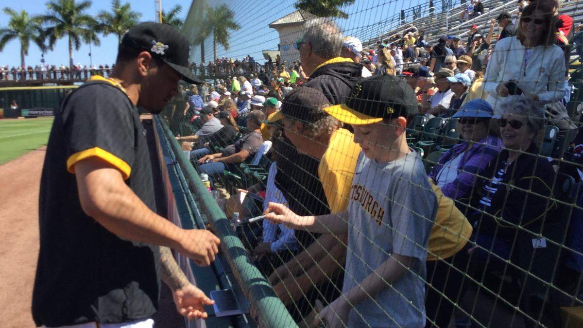 A young Pittsburgh Pirates fan wasn’t going to be deterred by netting to get an autograph at the team’s 2020 spring training opener at LECOM Park against the Minnesota Twins.